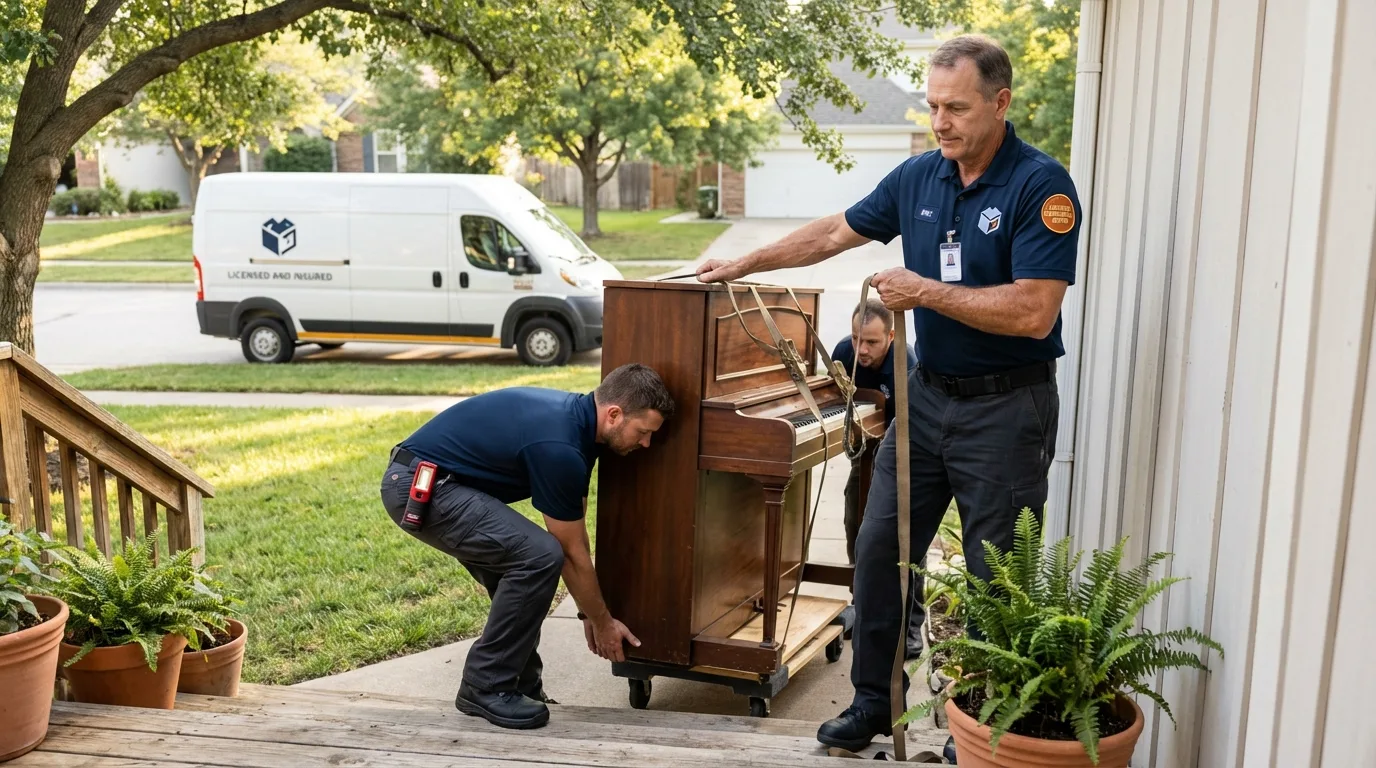 Licensed piano movers securing grand piano in Reedsville, WI