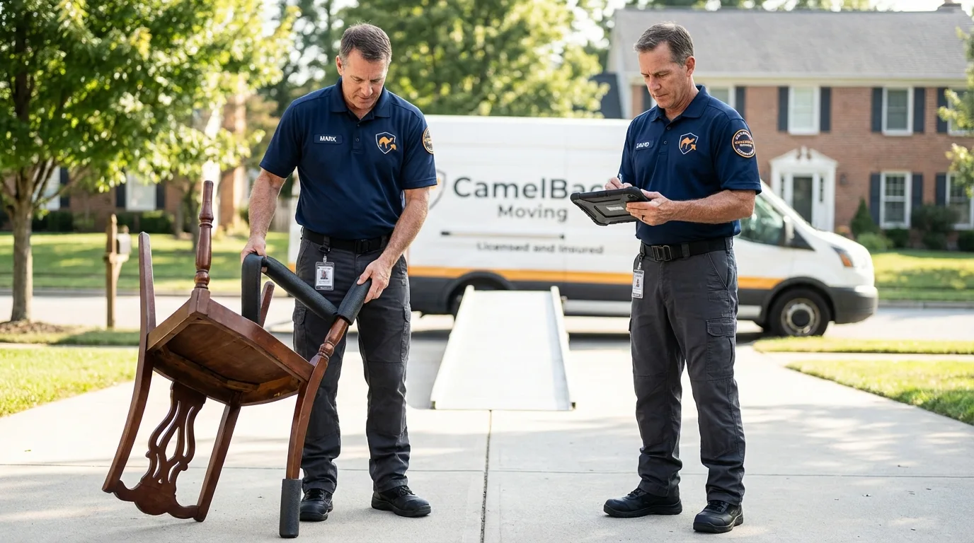 Movers inspecting furniture for damage prevention before loading in Reedsville, WI