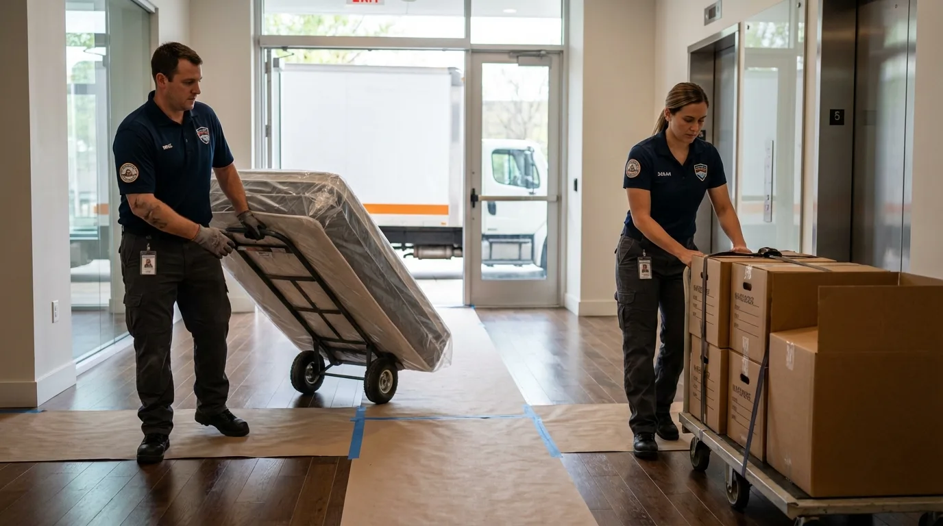 Professional apartment movers loading elevator in Reedsville, WI