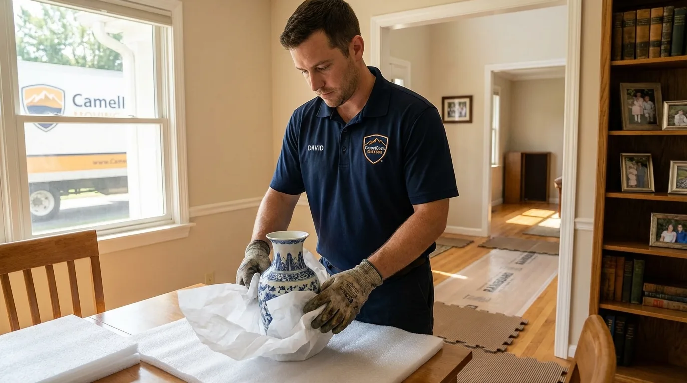 Professional crew carefully wrapping antique vase for senior downsizing move in Reedsville, WI