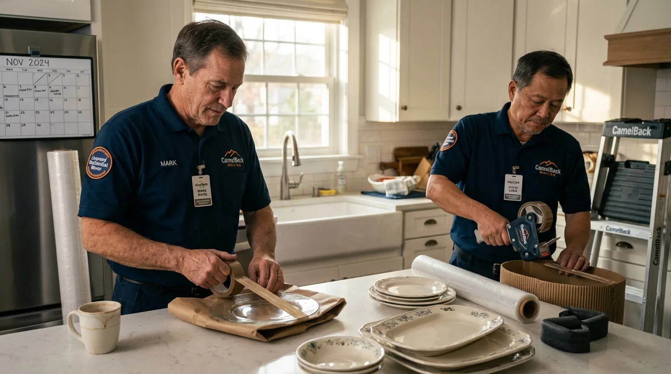 Professional crew packing kitchen dishware in Reedsville, WI